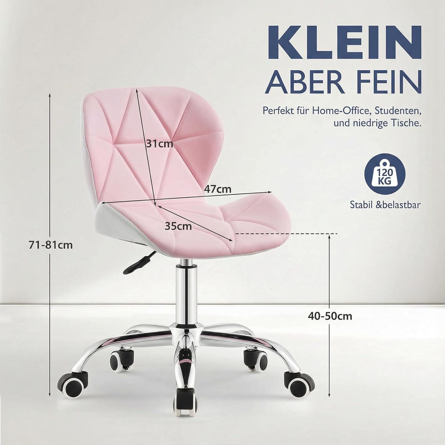 Ergonomischer Drehstuhl ohne Armlehnen, Rosa + Weiss Kunstleder