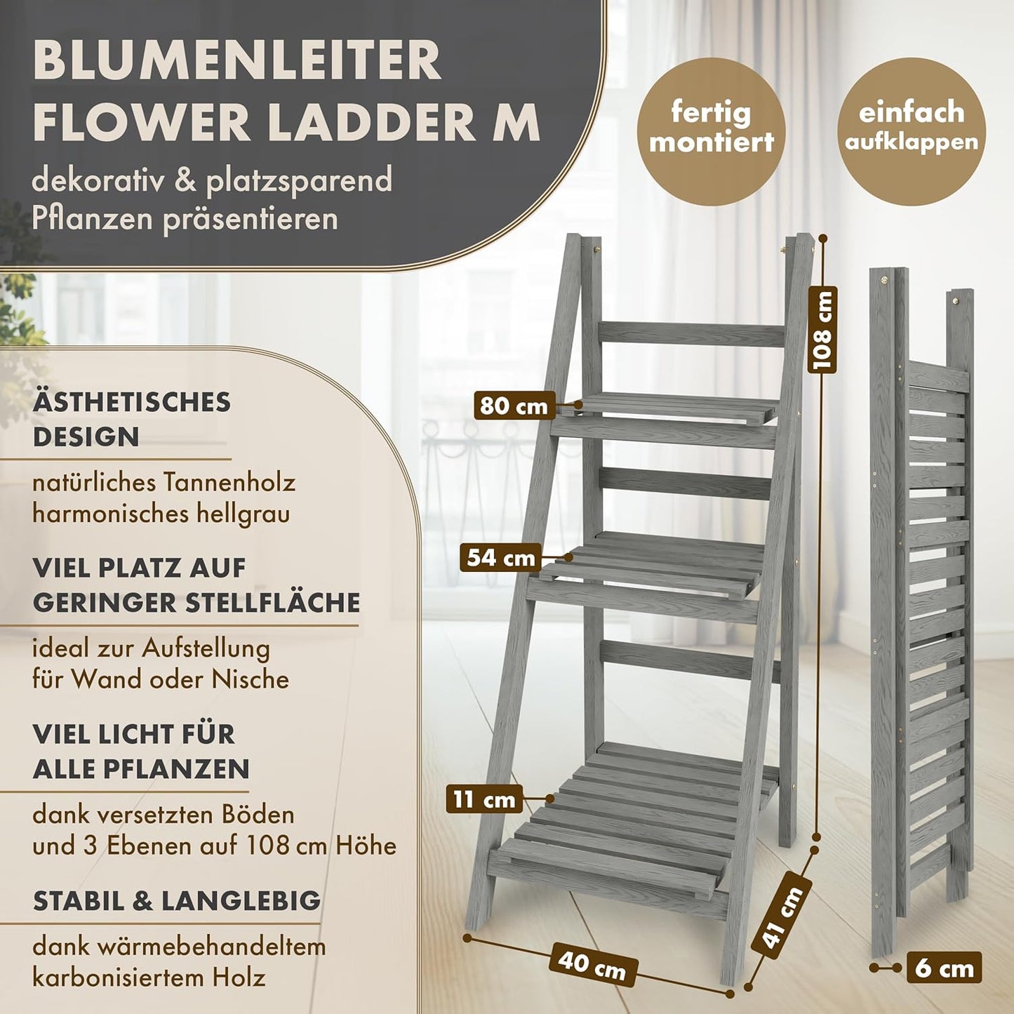 Klappbare Blumenleiter mit 3-Ebenen, M - 108x41x40cm