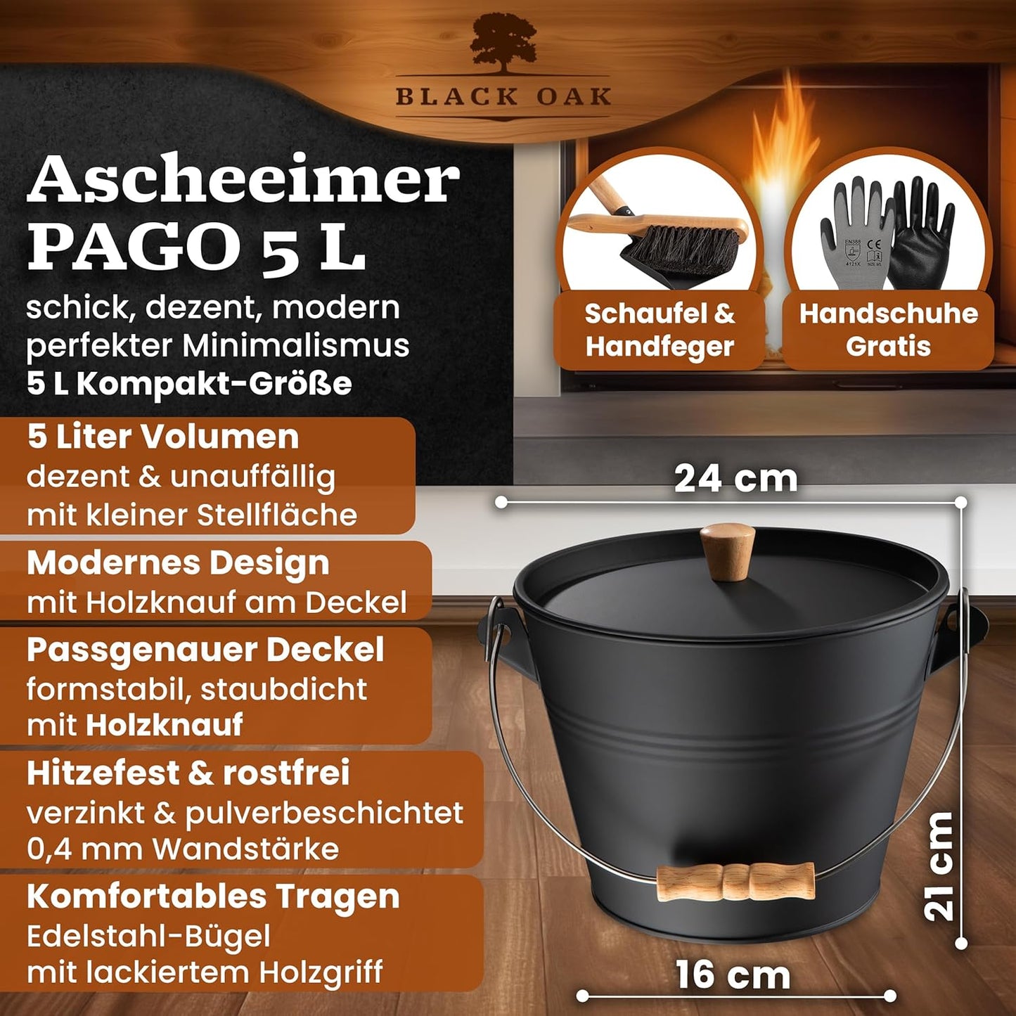 Ascheeimer Pago mit Kehrset, Pago 5L Eimer + Kehrset