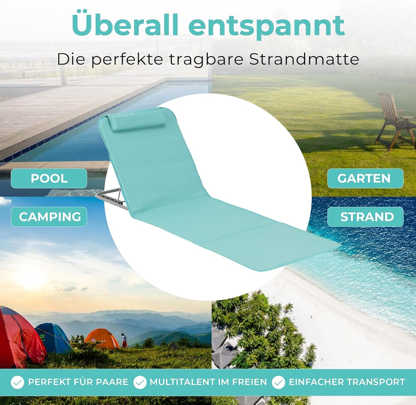 Strandmatte 2er-Set klappbar mit verstellbarer Rückenlehne, Türkis