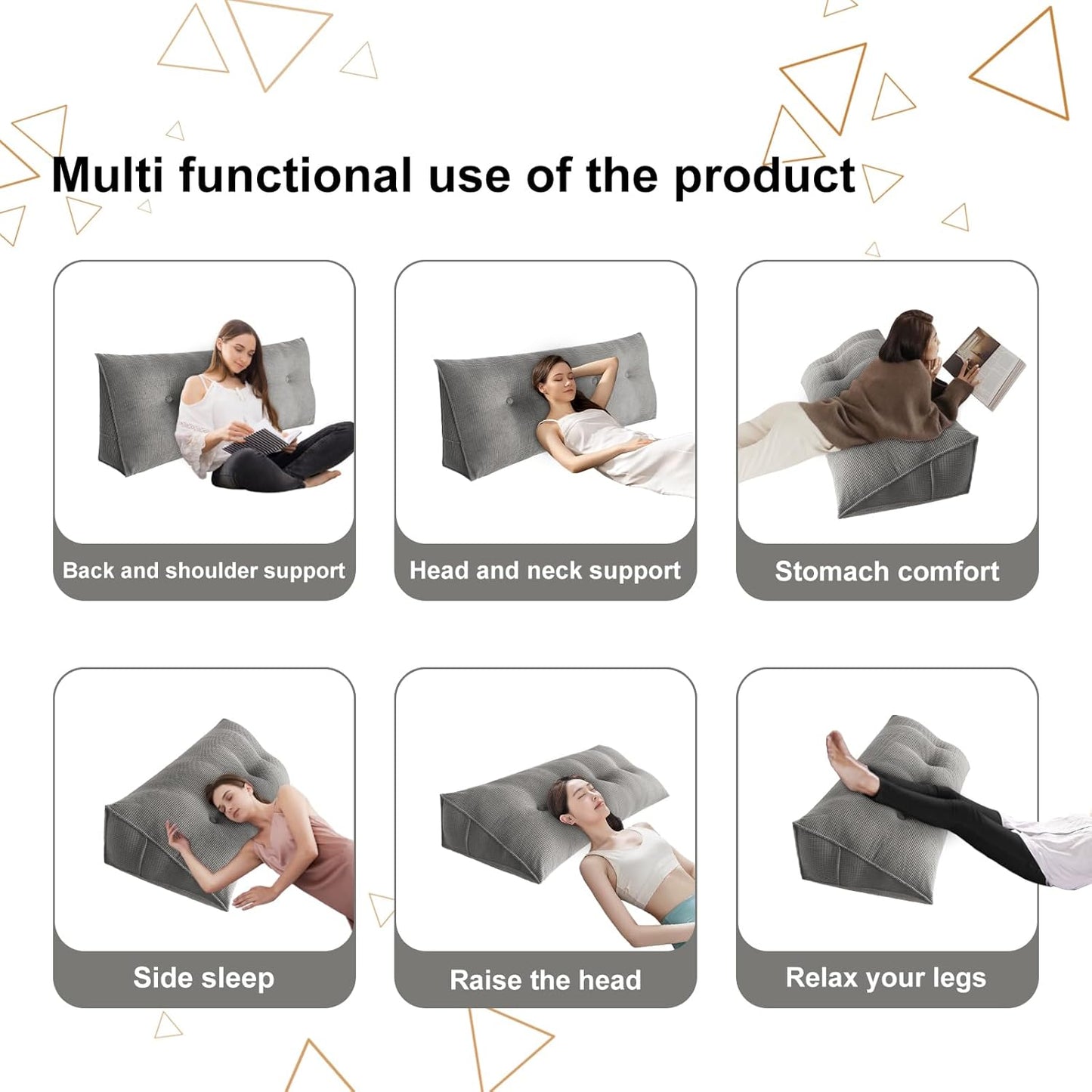 Keilkissen für Bett und Sofa mit Seitenfach, Grau 120*50*20cm