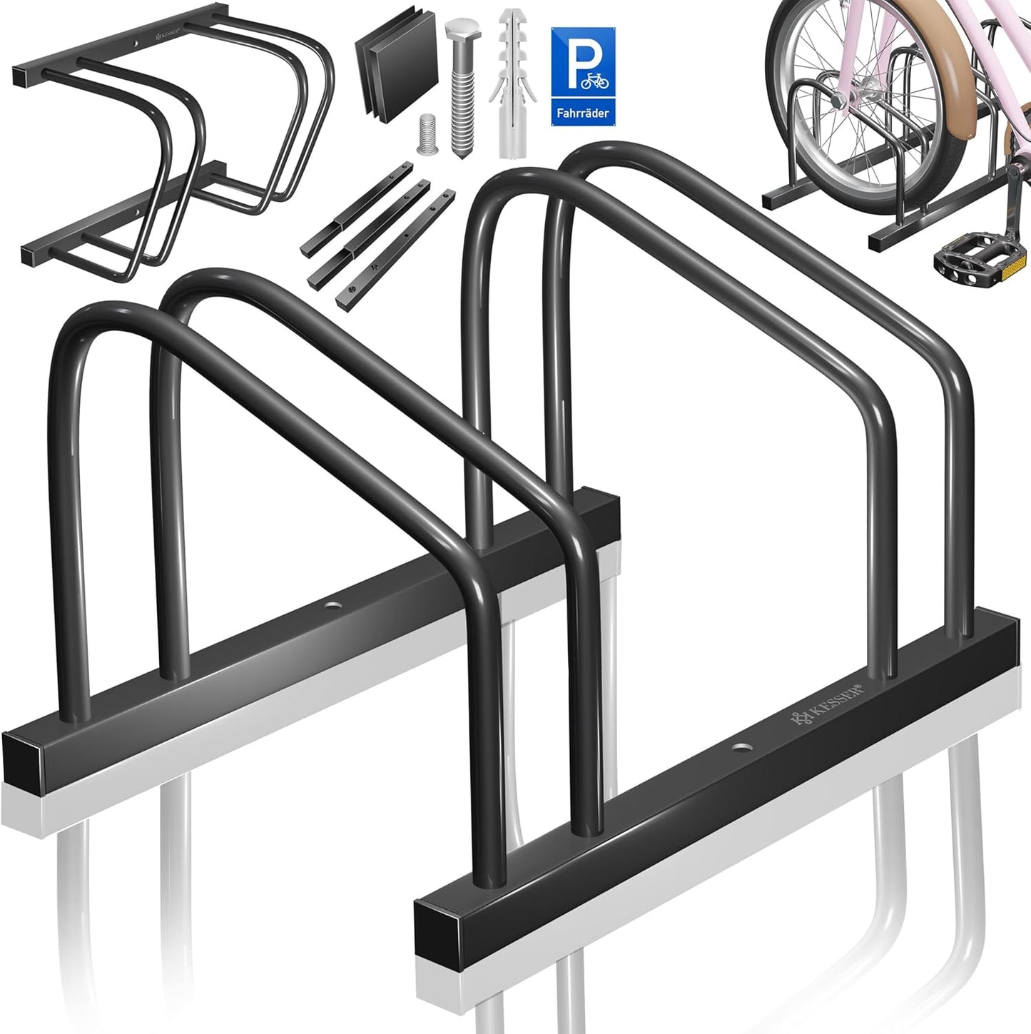 Erweiterbarer Fahrradständer für 2 Fahrräder inkl. Parkschild, Schwarz 2 Fahrräder
