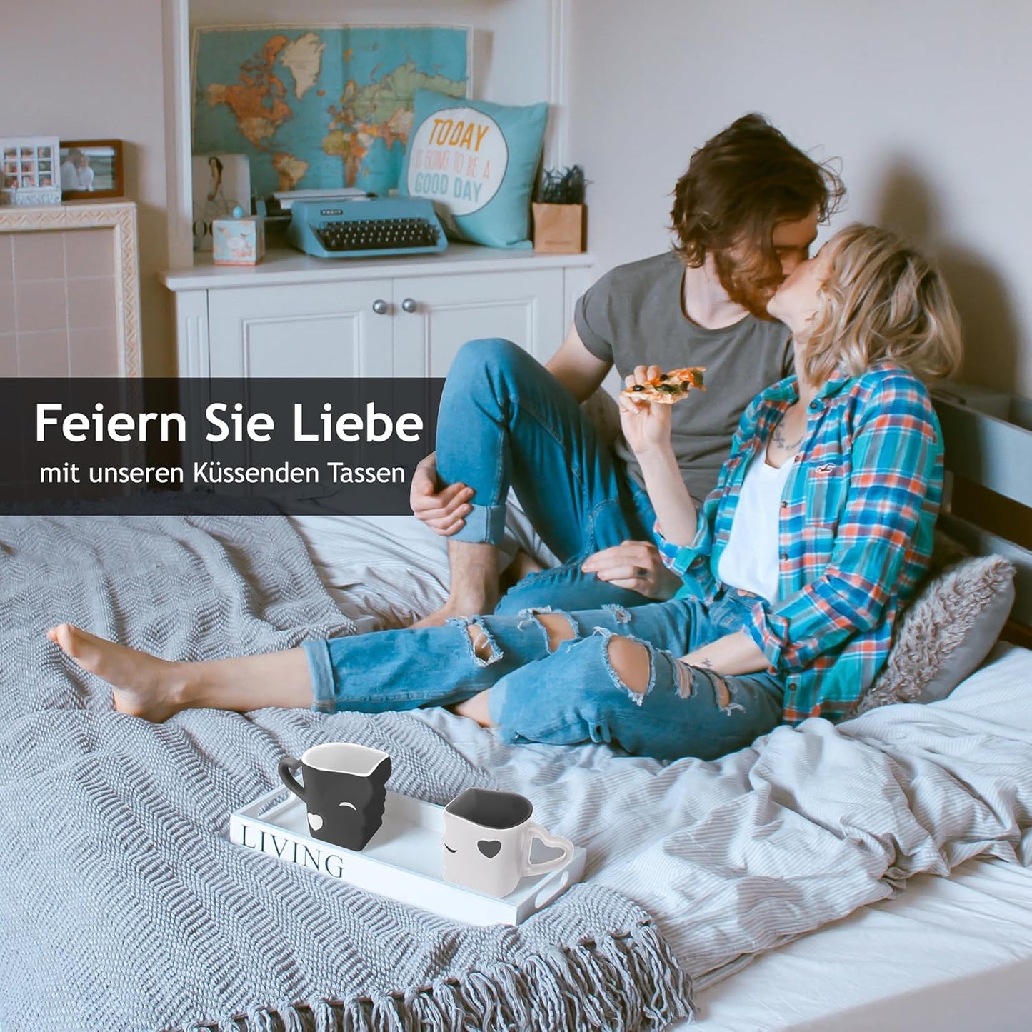 Küssende Kaffeetassen für Paare & Romantiker, Grau