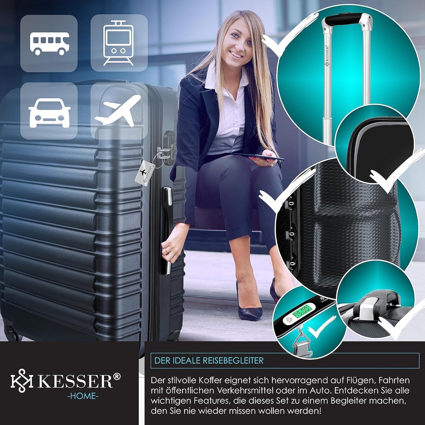 Hartschalen-Reisekoffer-Set mit Kofferwaage, Anthrazit
