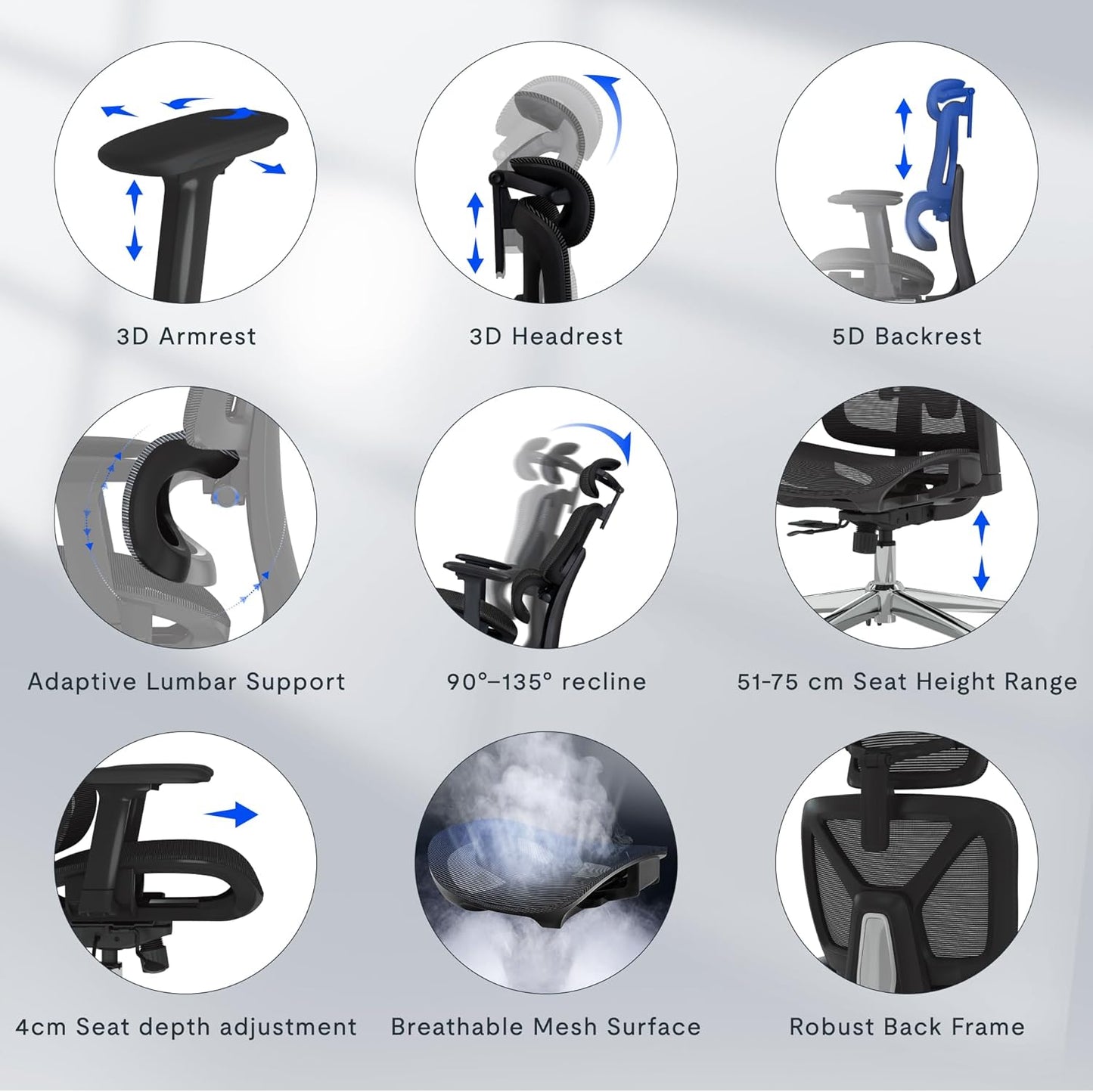 Ergonomischer Bürostuhl mit Fussstütze und 3D-Funktionen, Grau(mit Fussstütze) Lite