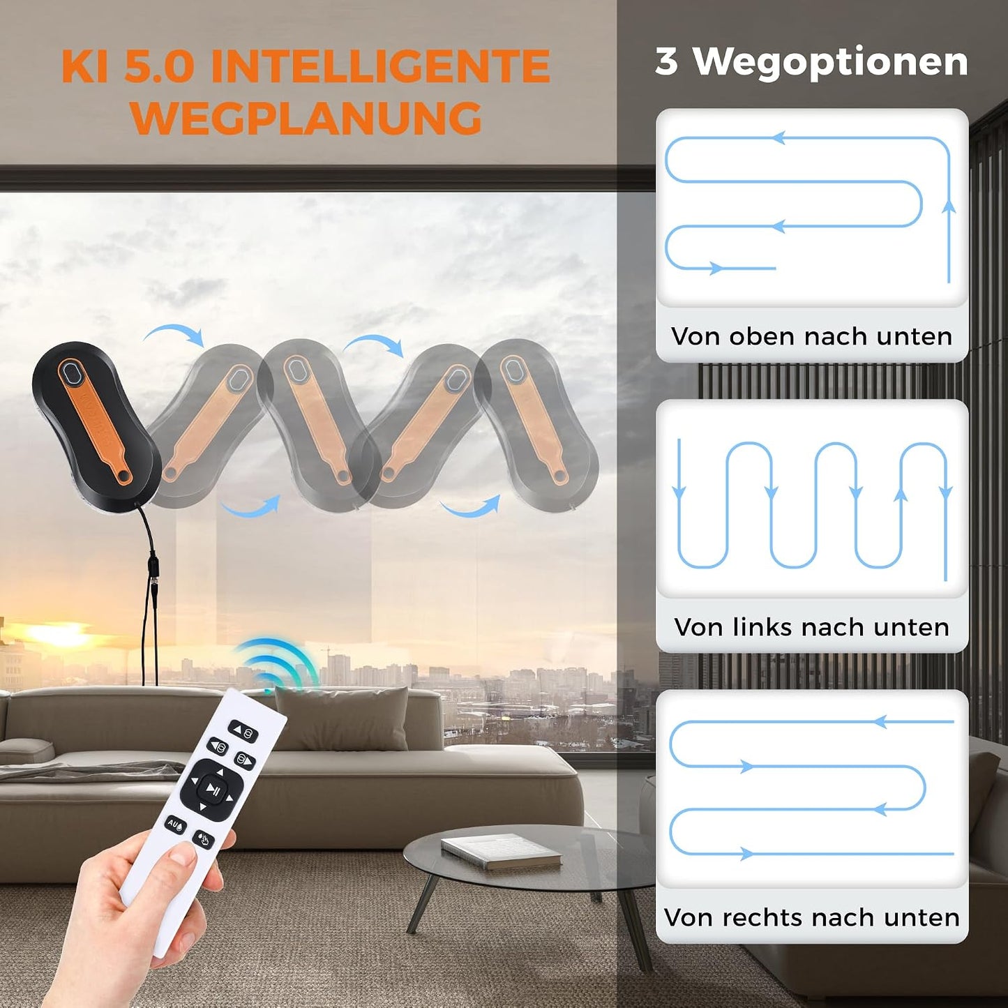 Automatischer Fensterputzroboter mit App-Steuerung, 3000PA Schwarz