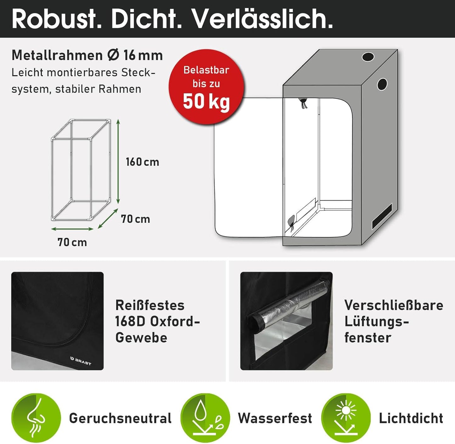 Growzelt mit LED & Belüftungssystem, 70x70x160cm | XL