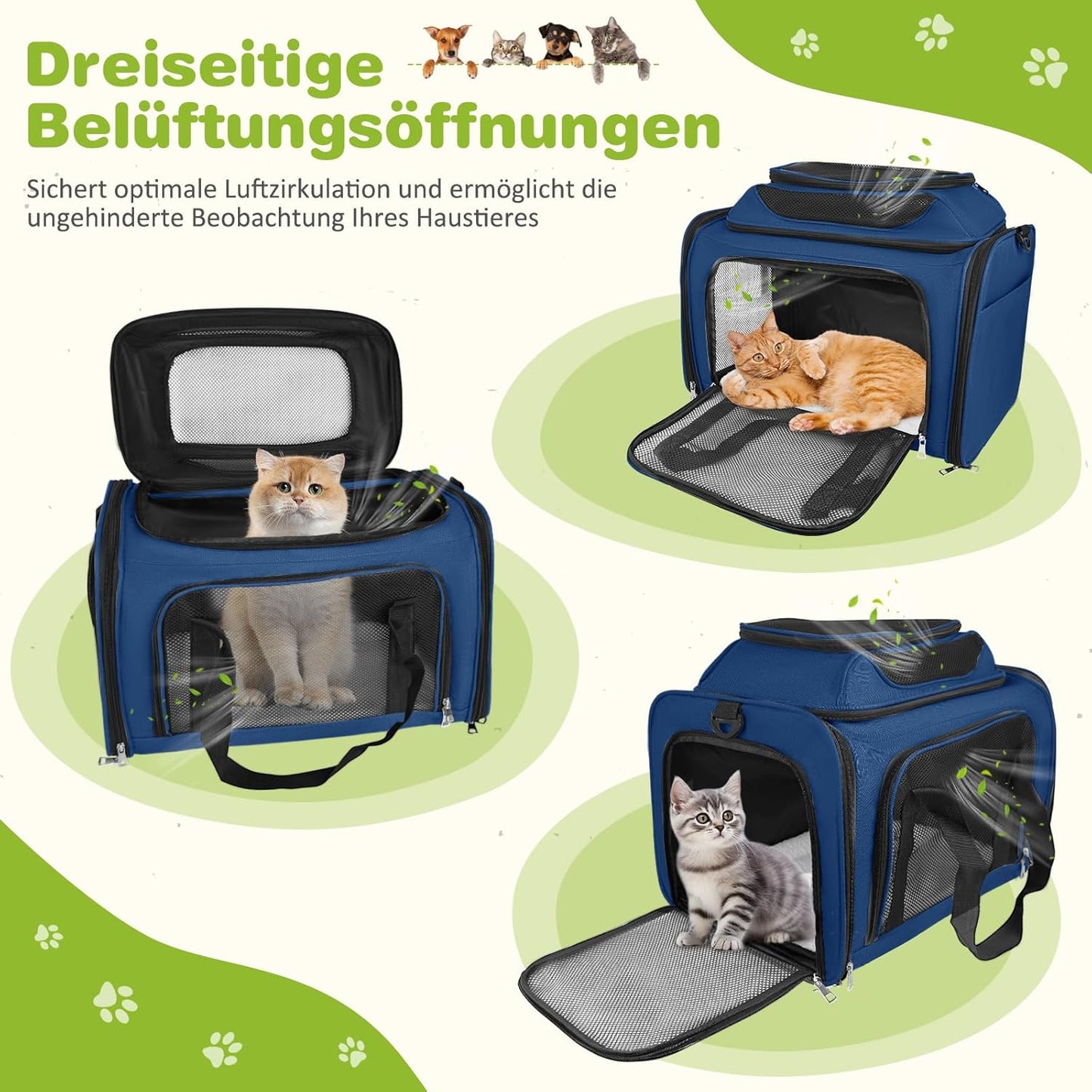 Faltbare Katzentragetasche mit Schultergurt, Dunkelblau 43 x 28 x 36cm