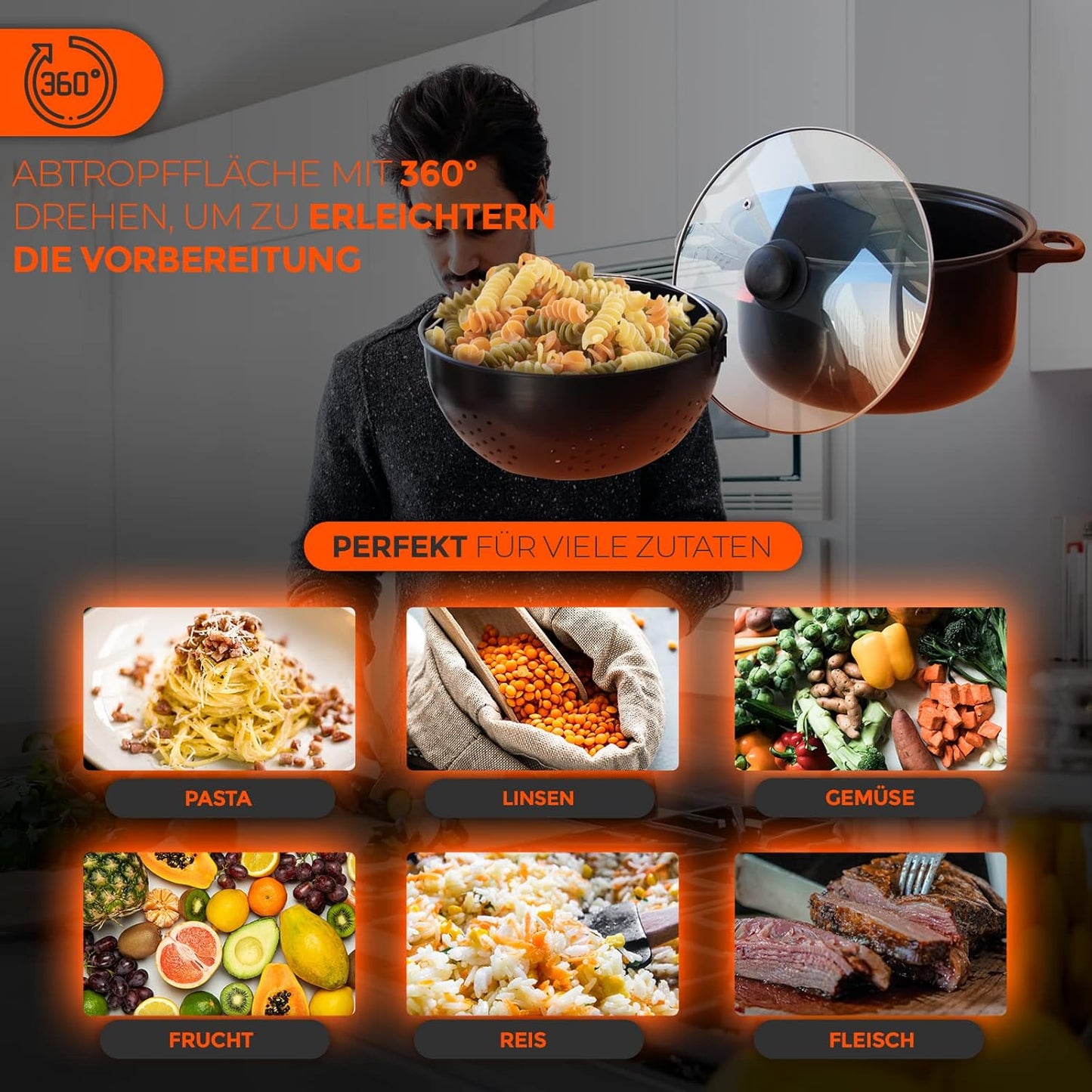 Pastatopf mit 360°-Abgiessdeckel