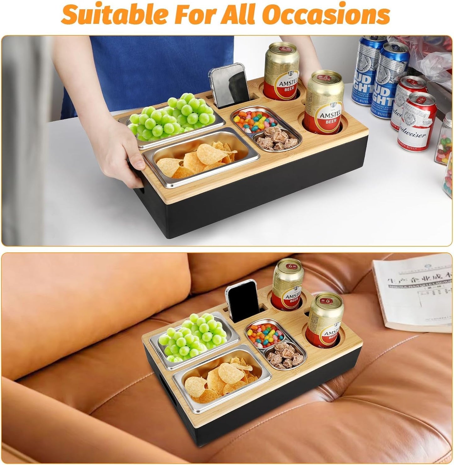 Sofa Tablett mit Edelstahl Snackschalen und Deckel