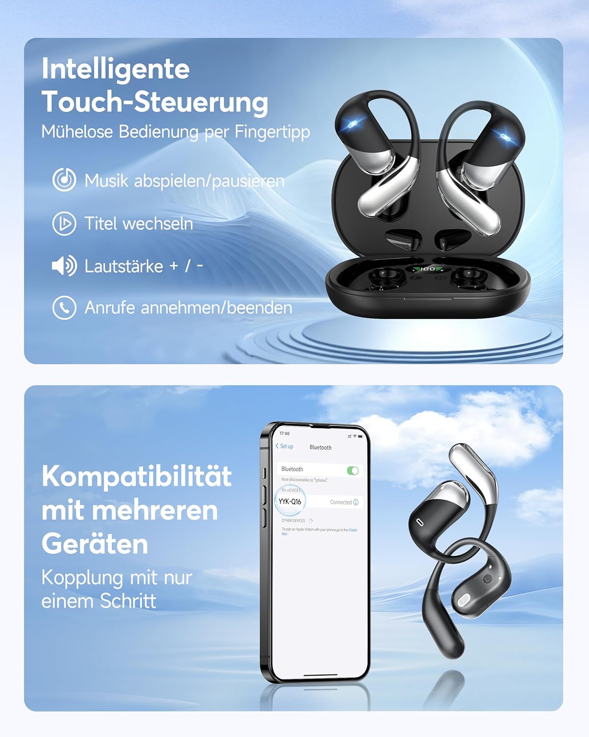 Open Ear Bluetooth Sportkopfhörer, Schwarz