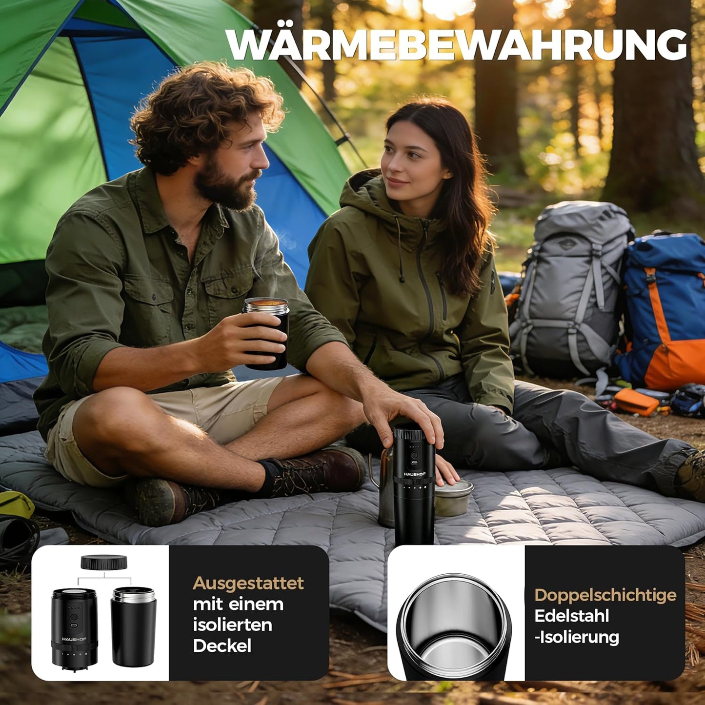 Elektrische Kaffeemühle mit Thermobecher, Schwarz