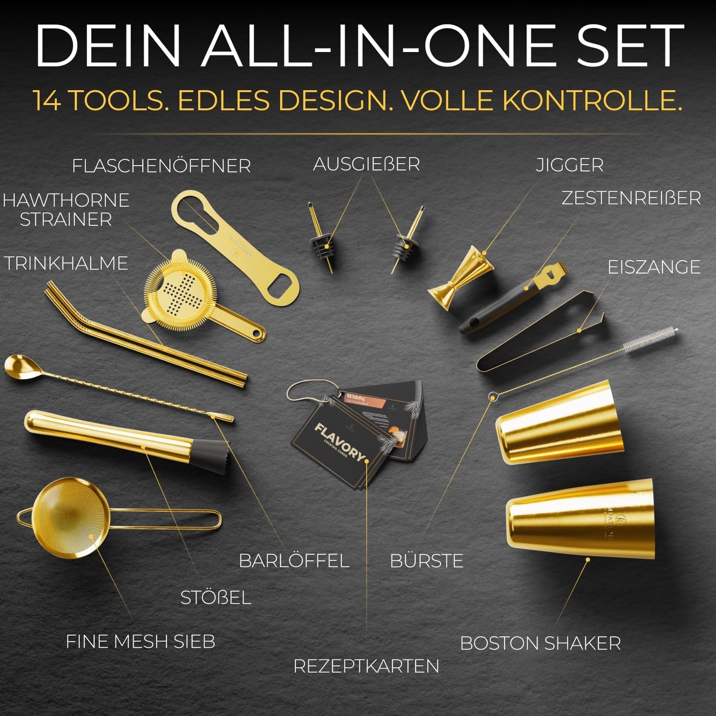 Cocktail Shaker Classic Set, 14-teilig, Classic Set, Gold