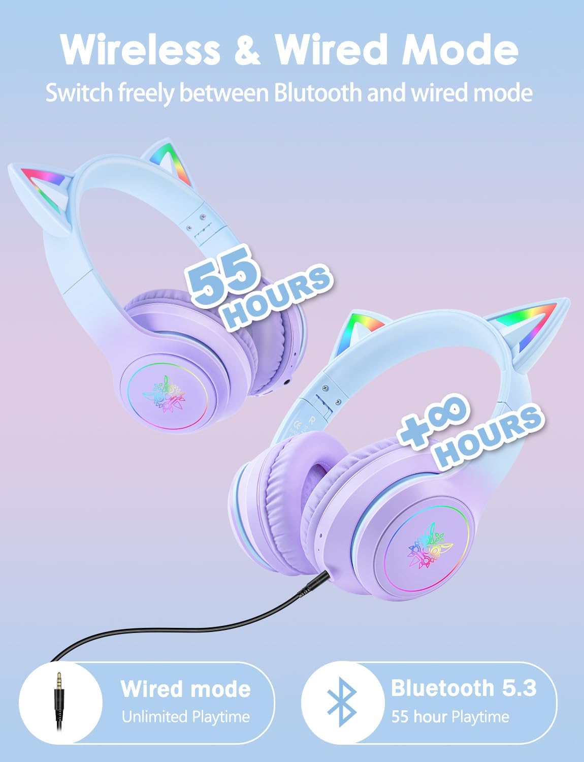 Over-Ear Headset FRKIDD3 mit LED-Katzenohren, Erwachsene, 105 dB, Violett