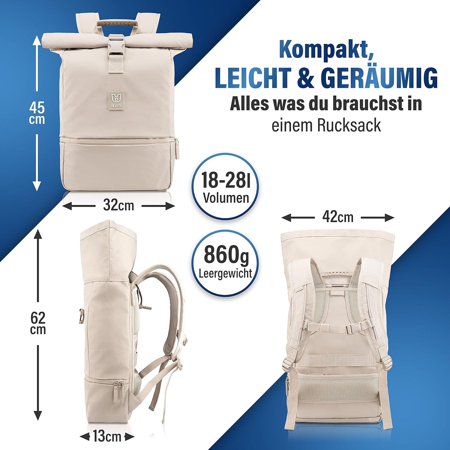 Rolltop Rucksack mit Laptopfach, Sand