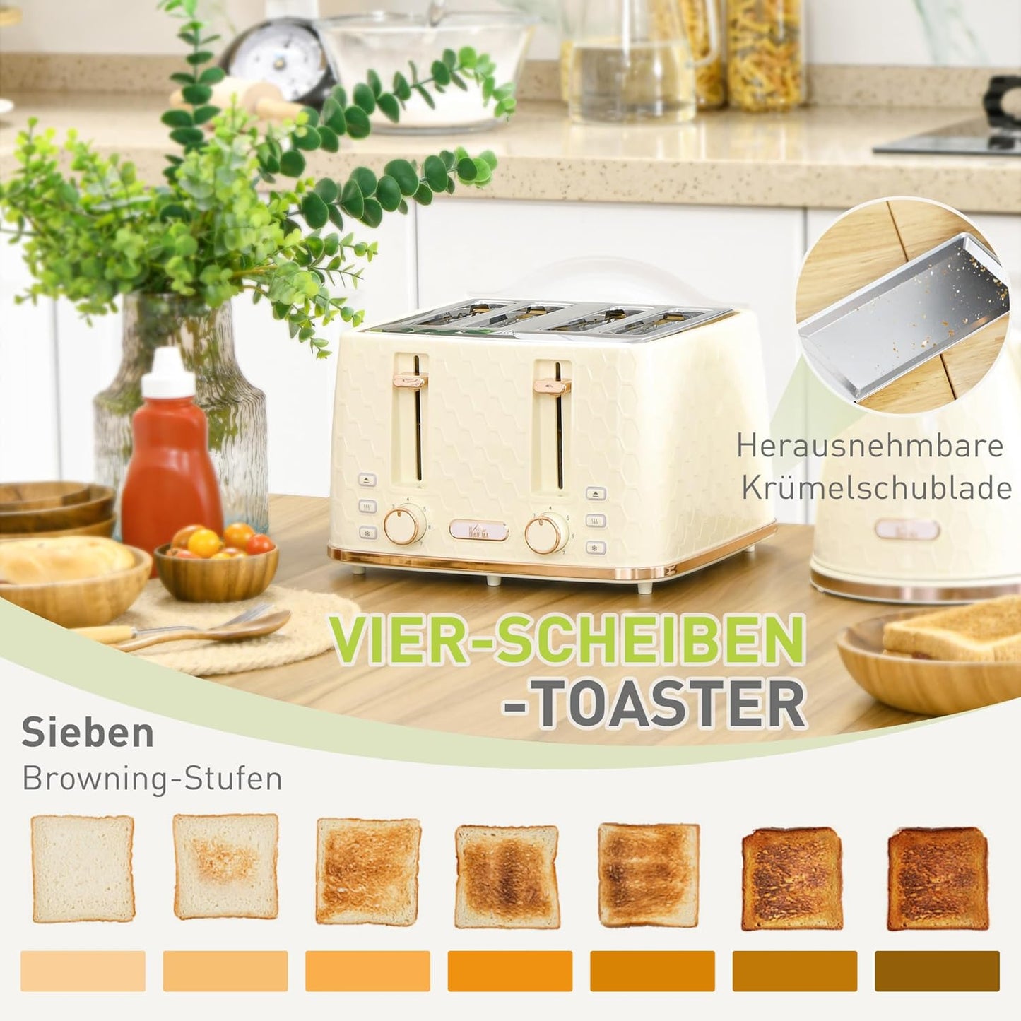Frühstücksset 1,7L Wasserkocher & Toaster (4 Scheiben), Beige