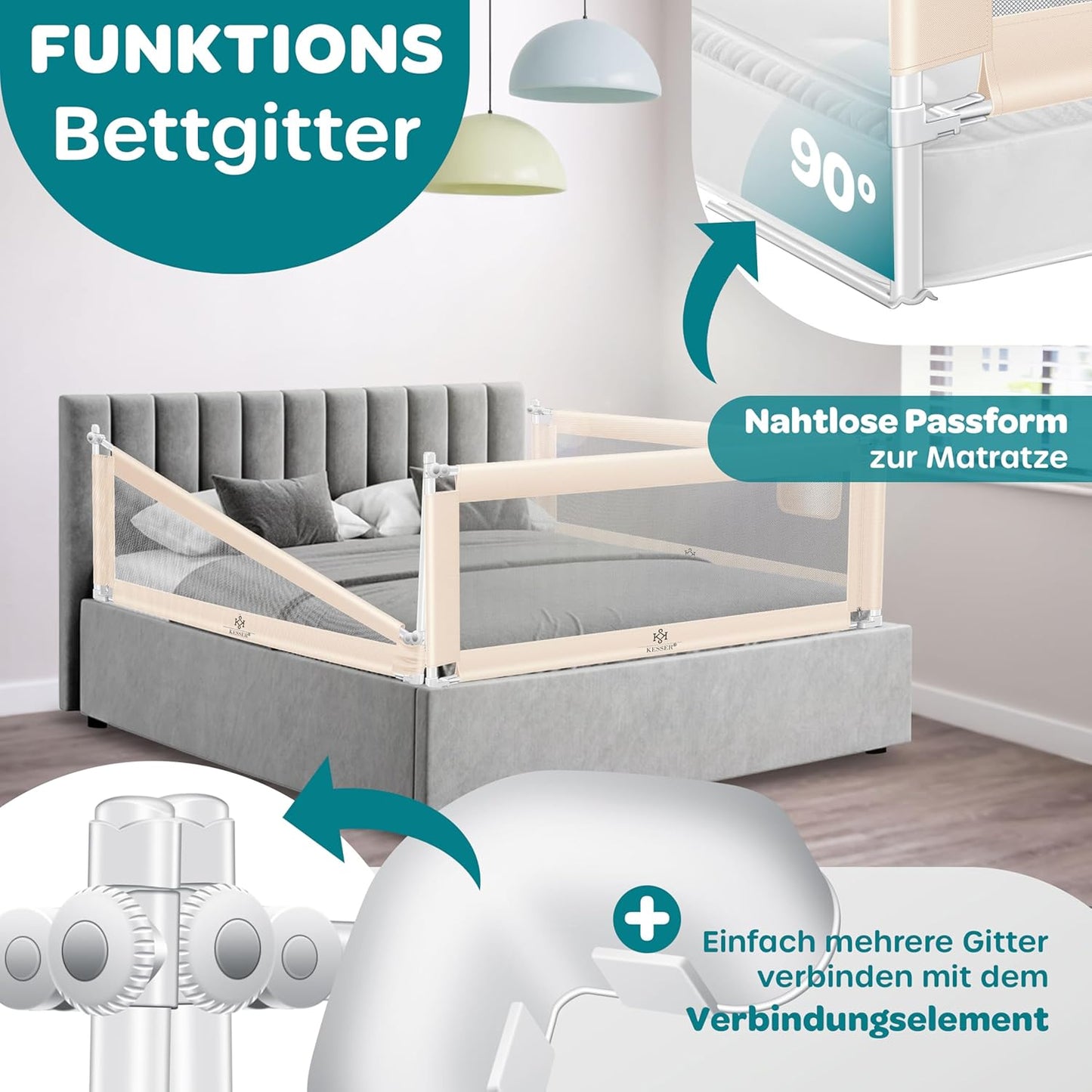 Klappbares Bettschutzgitter mit Tasche, 180cm Beige