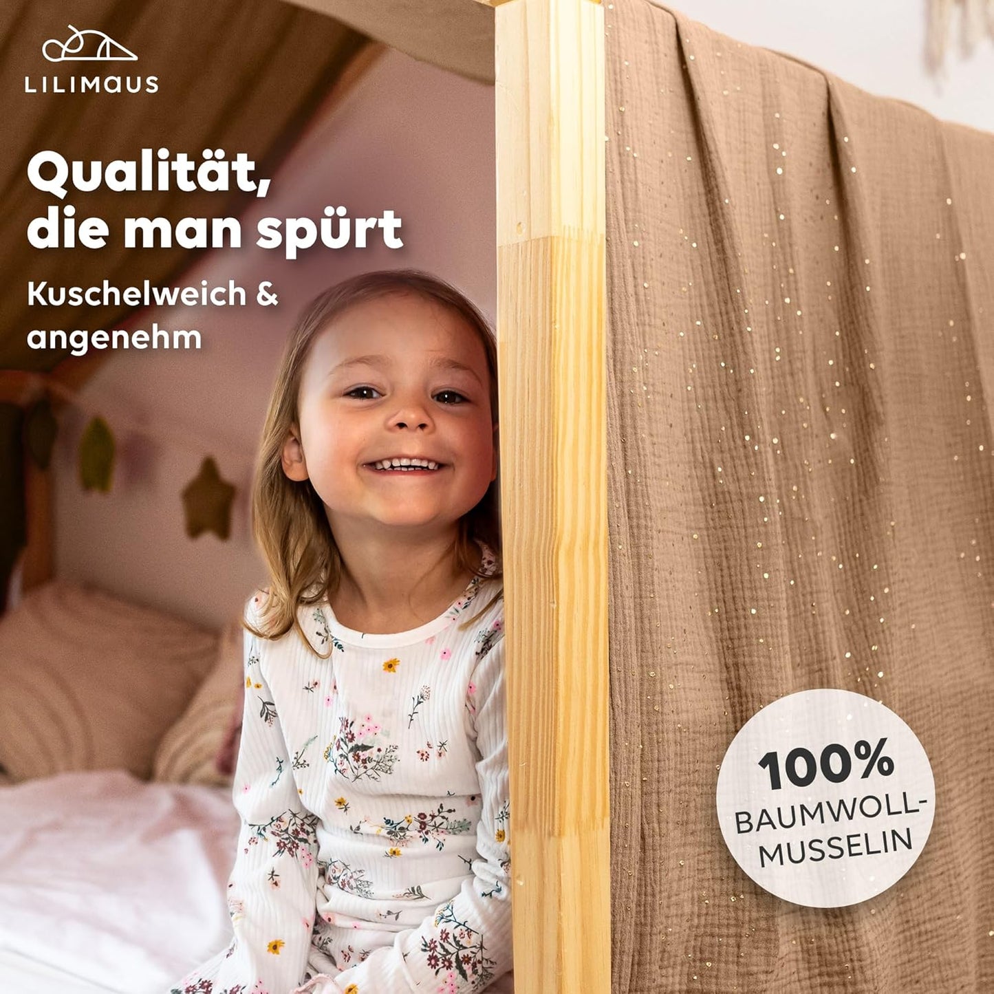Betthimmel für Hausbett, Nougat mit Gold 135 x 420cm