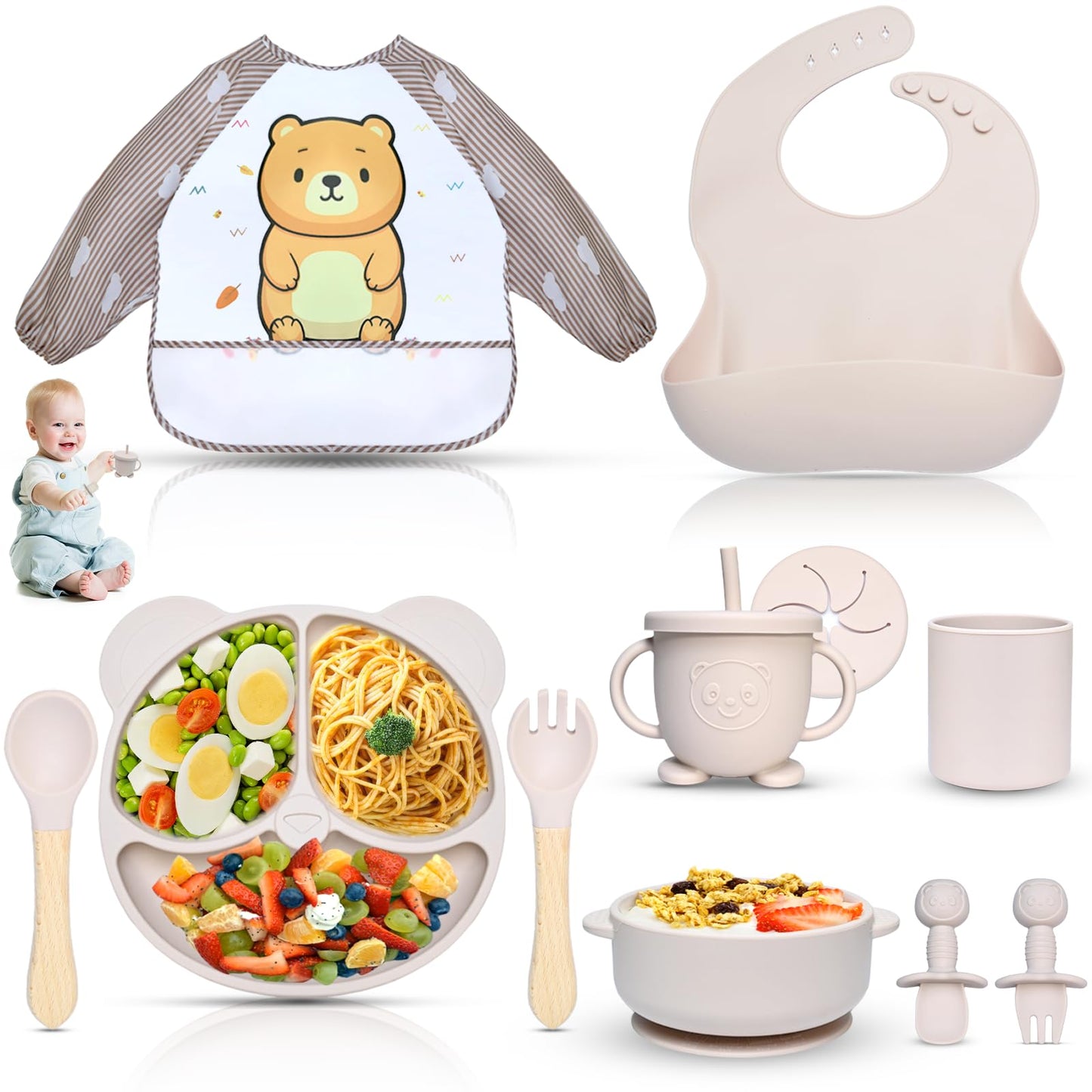 Silikon Baby Geschirrset mit Saugnapf (11-teilig), Beige