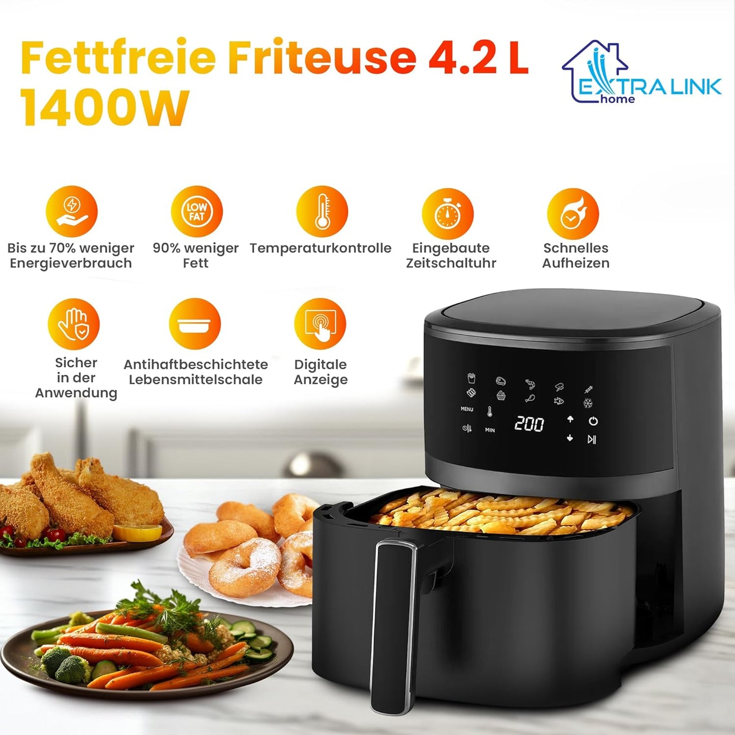 Heissluftfritteuse mit 10 Kochfunktionen, 4.2 LITER