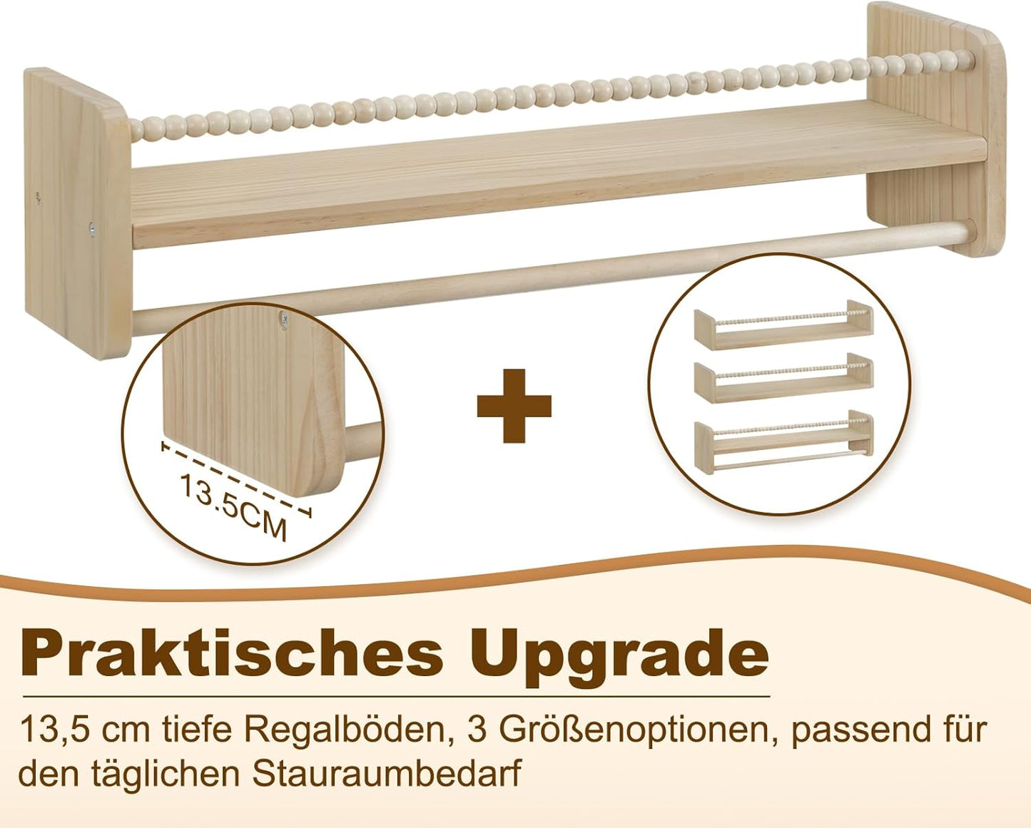 Kinder Bücherregal Wand 3er-Set aus Massivholz, 60 x 15 x 14 cm Naturholzfarbe
