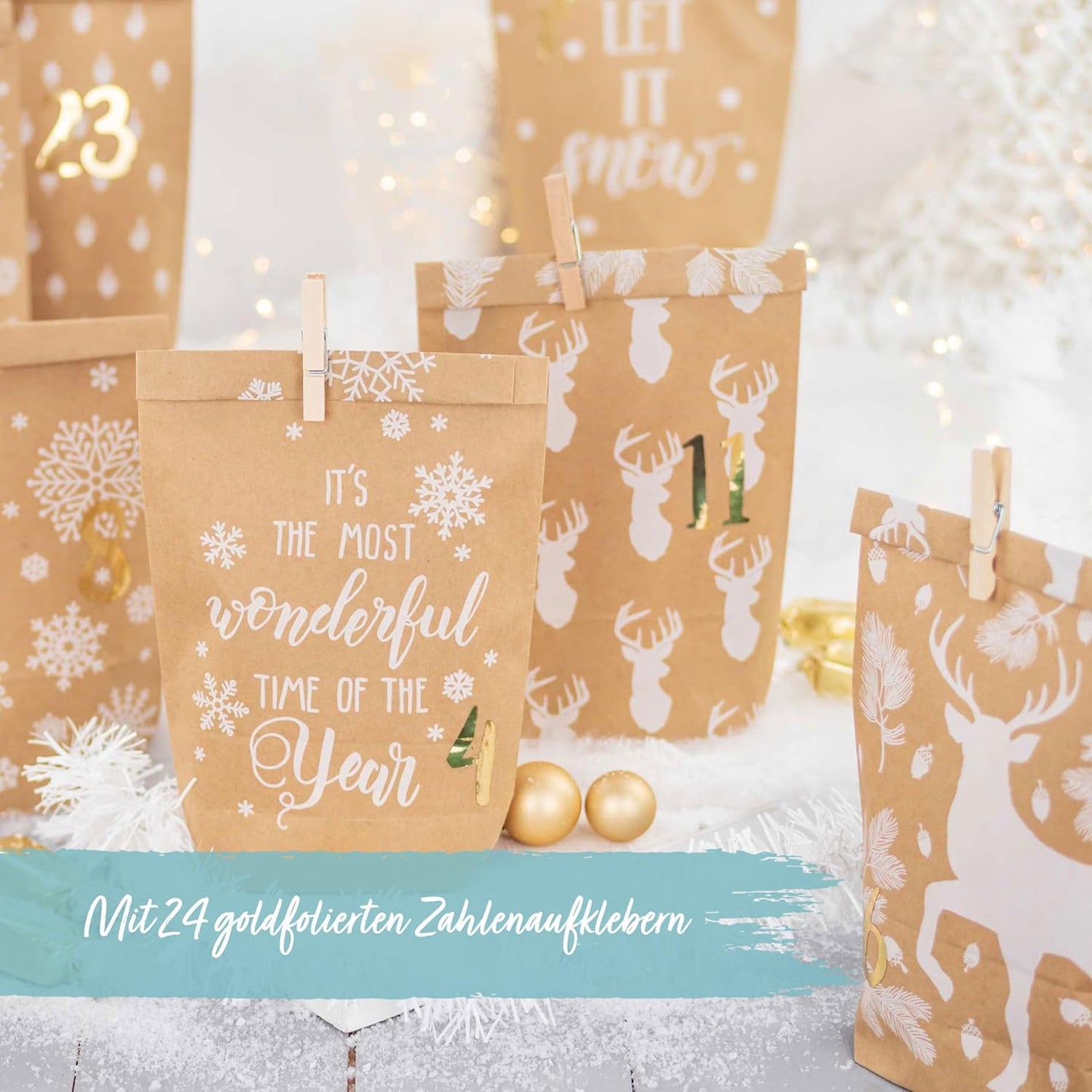 Adventskalender DIY-Papierbeutel, Packpapier-weiss