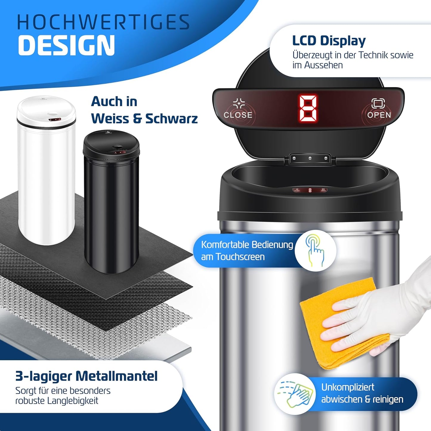 Sensor Abfalleimer mit Automatikfunktion, 40 Liter Silber
