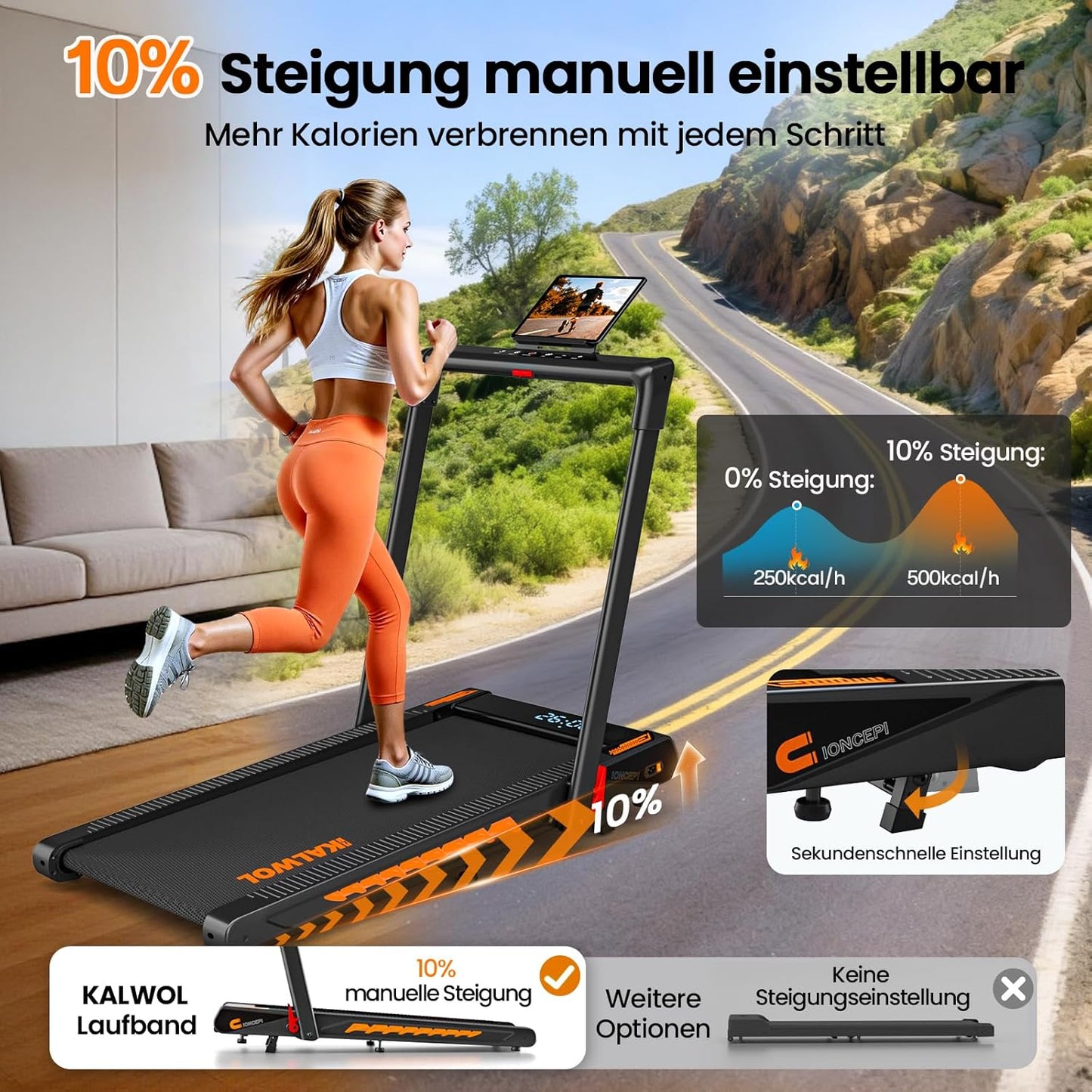 Bluetooth-Laufband mit Steigung & HIIT, Schwarz-orange