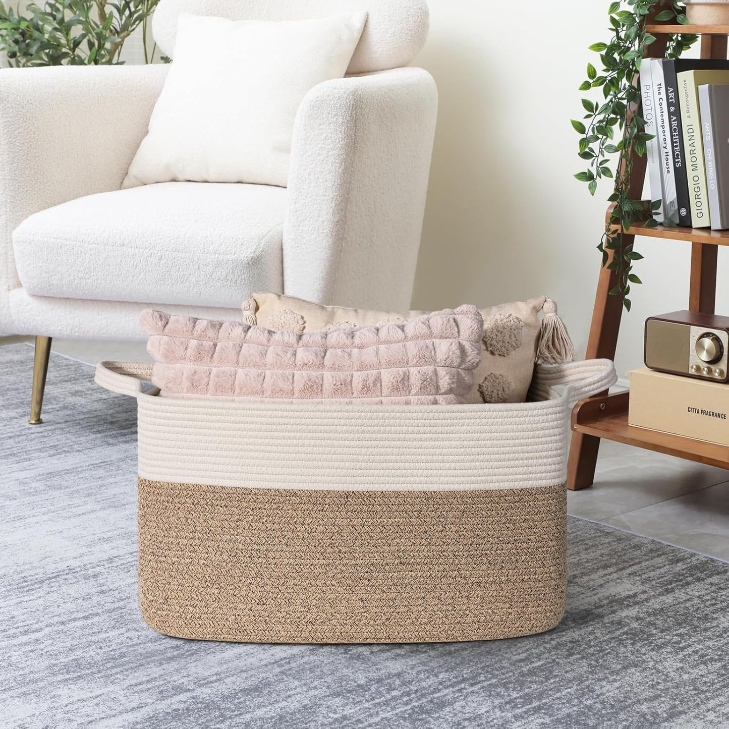Faltbarer Wäsche- und Aufbewahrungskorb, Weiß und Braun 65L（55 x 38 x 29 cm）