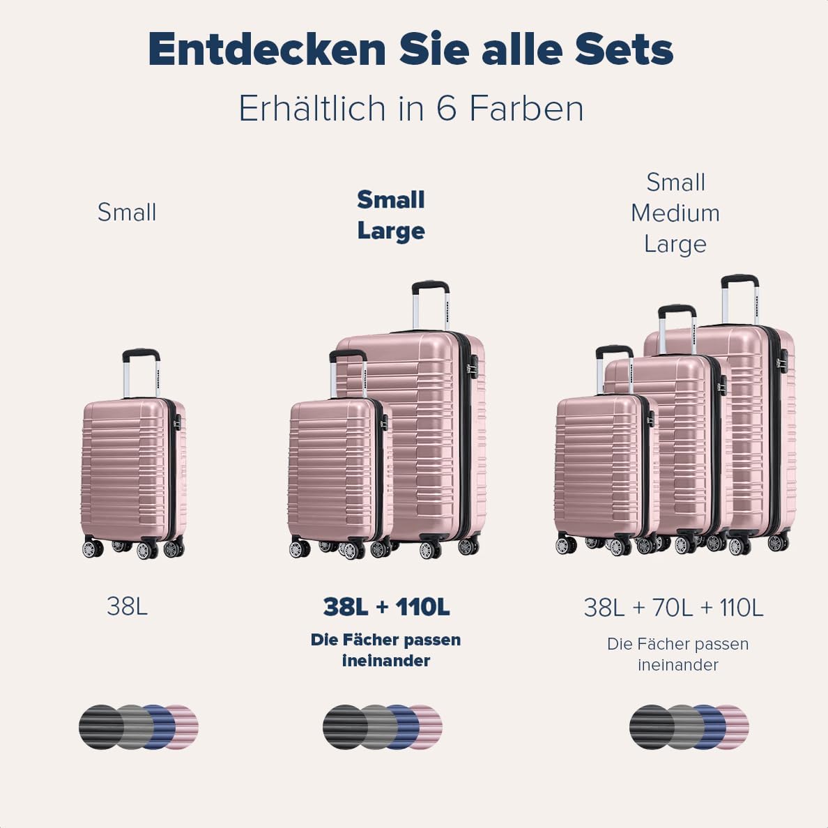 2-teiliges Kofferset mit Rollen, Small + Large Roségold