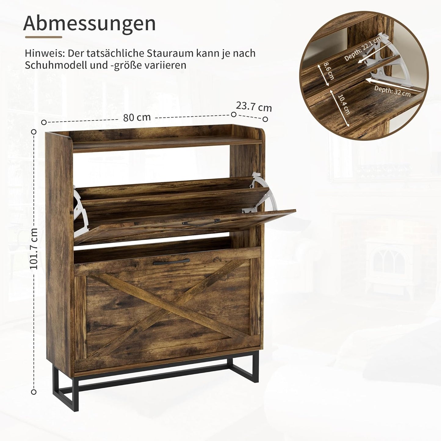 Schmaler Schuhschrank mit 2 Klappen und 4 Ablagen, Braun