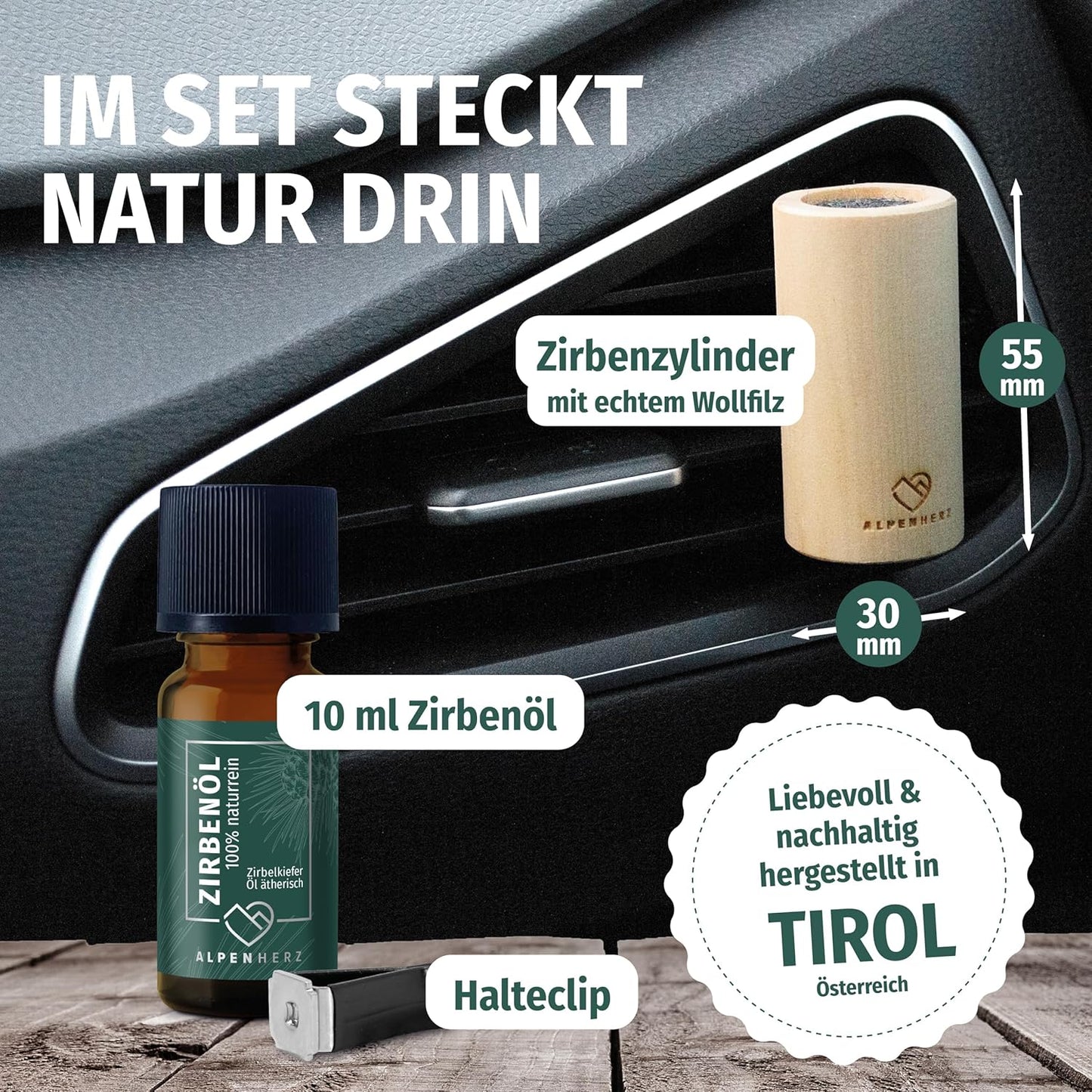Auto-Lufterfrischer aus Zirbenholz