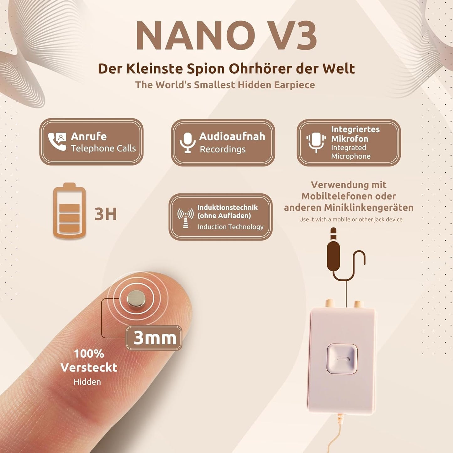 Unsichtbarer Spion-Ohrhörer mit Mikrofon, Nano V3, Nano V3