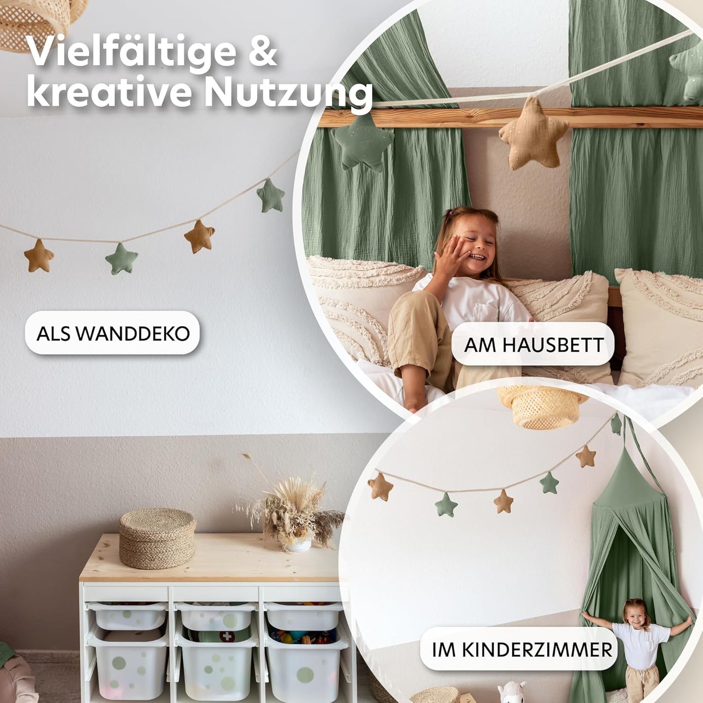 Sternen-Wimpelkette, Eukalyptus & Nougat Sterne mit Goldapplikation