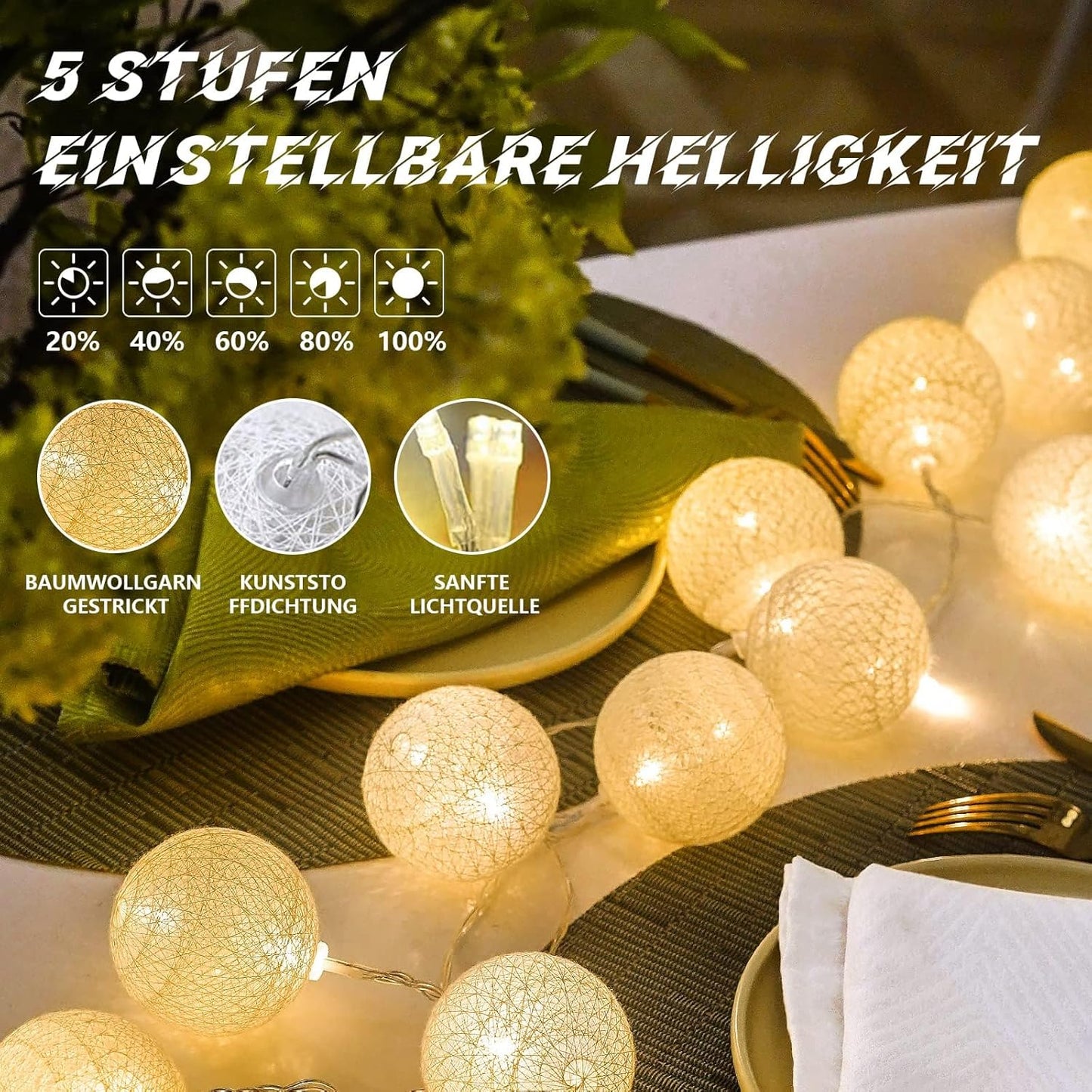 LED Cotton Ball Lichterkette mit Fernbedienung, USB Grün