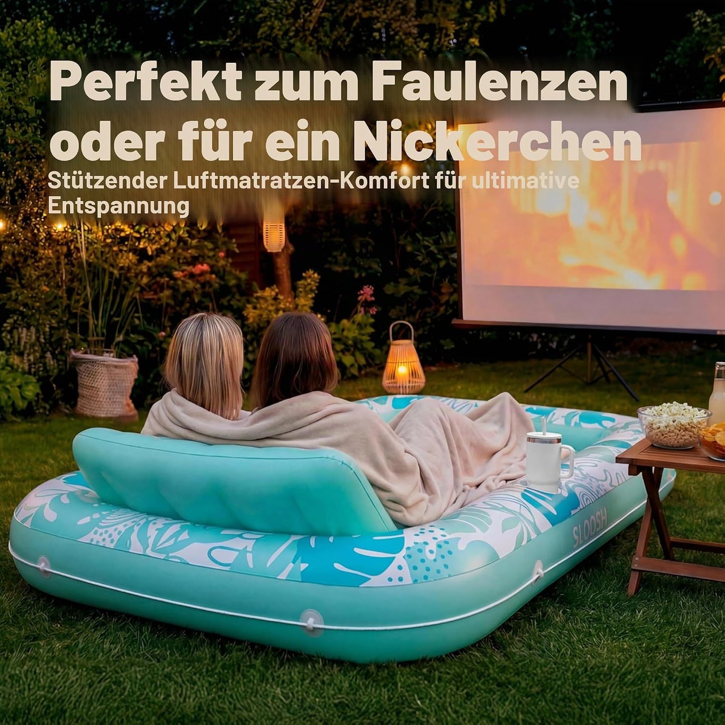 Aufblasbarer 4-in-1 Sonnenliegepool mit Kissen und Getränkehalter, Cyanweiss XL