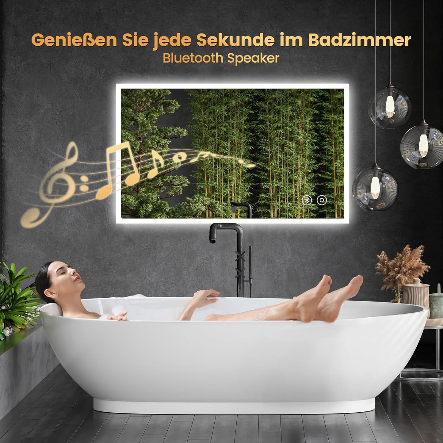 LED Badspiegel mit Bluetooth und Steckdose (100x60cm), Bluetooth+ Steckdose+ Beschlagfrei+ 3 Lichtfarbe 60L x 100B cm
