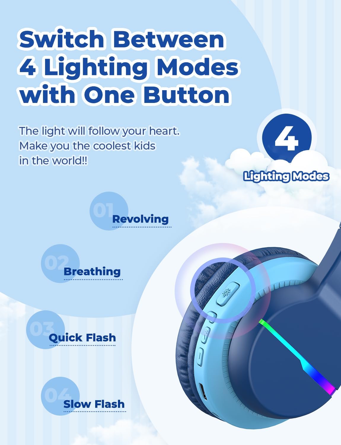 Bluetooth-Kinderkopfhörer mit LED-Leuchten, Blau