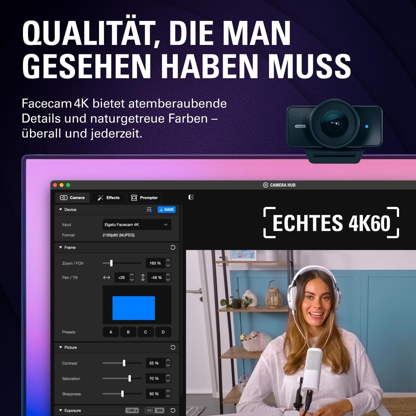 Facecam 4K Webcam mit HDR und USB-C Anschluss, Facecam 4K