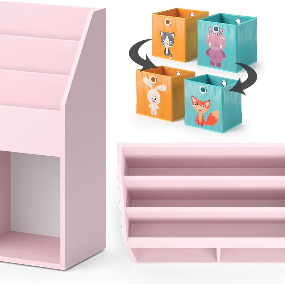 Kinderregal Luigi, Rosa 72x79 cm mit Faltboxen Fuchs/Hase