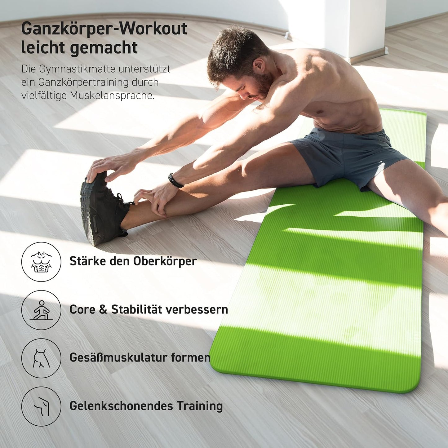 Gymnastikmatte Premium mit Tragegurt & Übungsposter, Lindgrün 190 x 100 x 1,5 cm