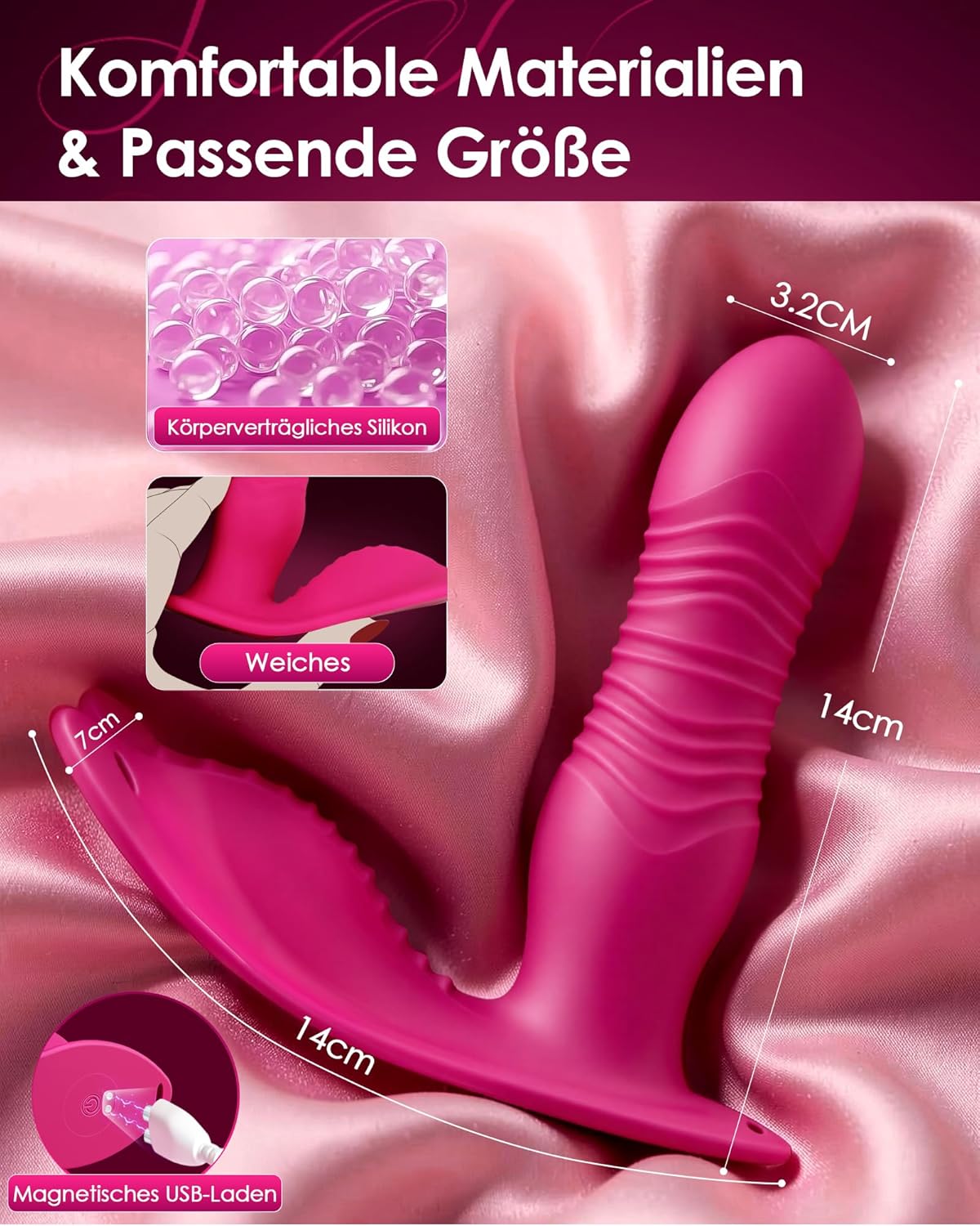 Aufsitz Vibrator mit Stoss- und Reibungsfunktion, Rosenrot