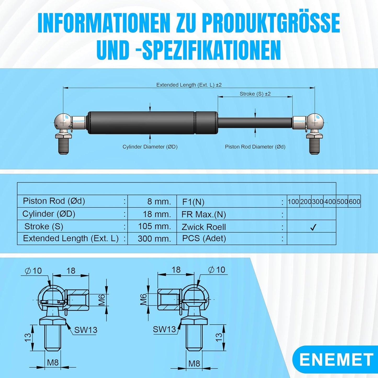 Gasdruckfeder für Türen, Autos & Schränke, 300N, 300 MM 300N