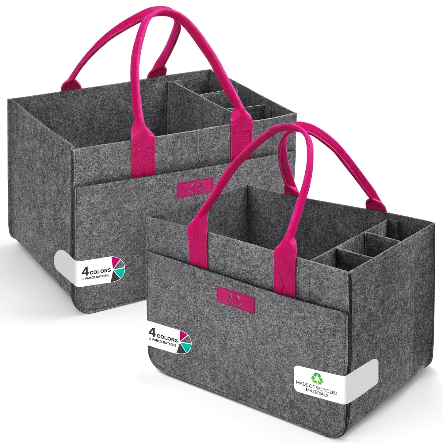2er-Set Filz-Einkaufskörbe, 2 Stück Mittelgrau/ Magenta Smiley