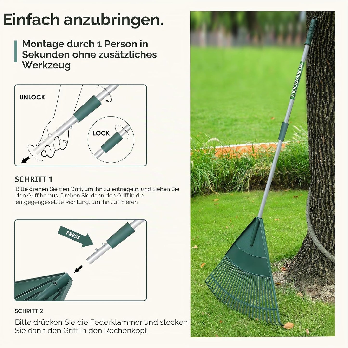 Verstellbarer Garten-Laubrechen mit 26 Zinken, Verstellbare Green Hand 26 Zinken