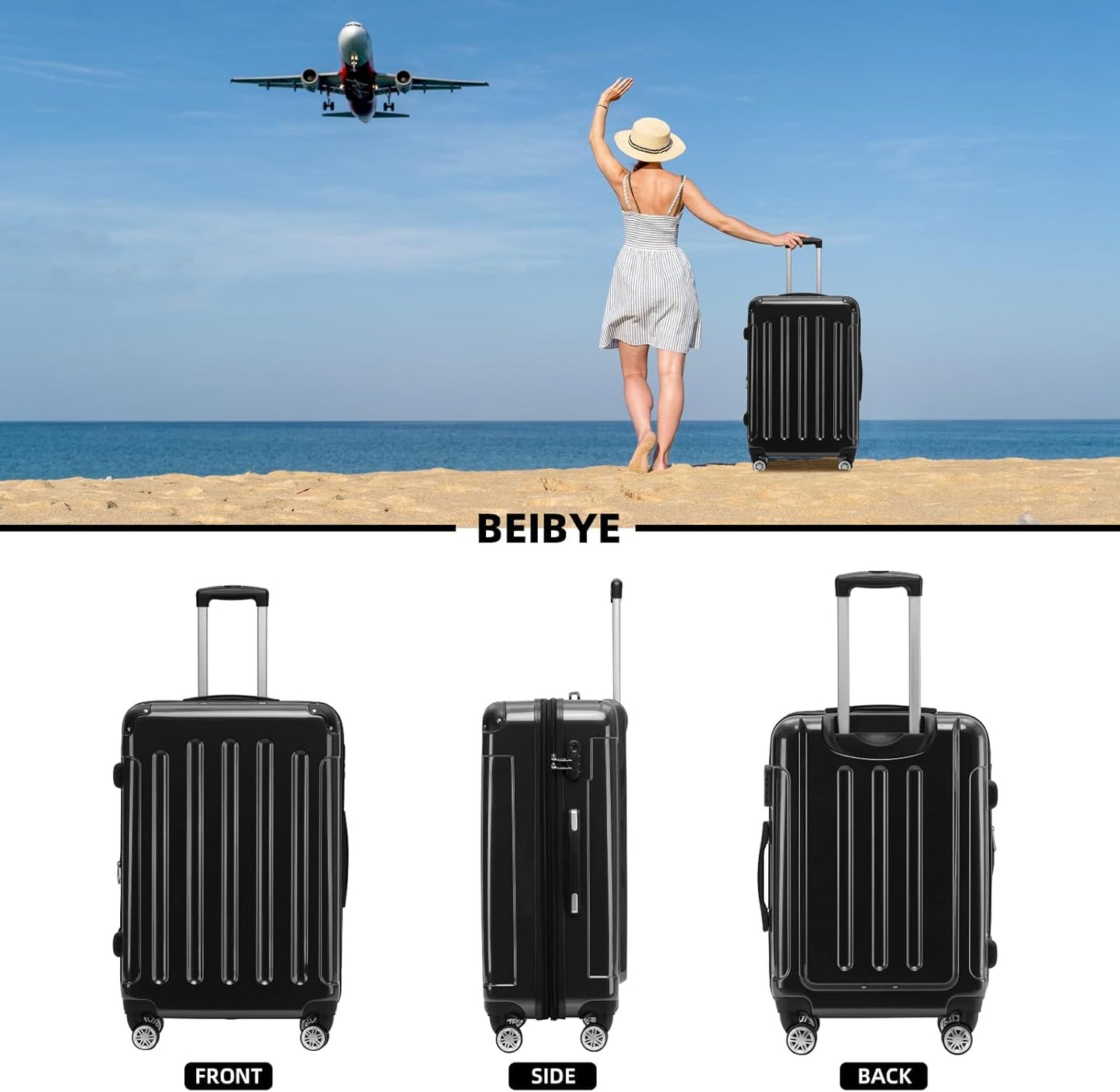 Hartschalen Reisekoffer mit 4 Zwillingsrollen, Schwarz 66cm - 70L