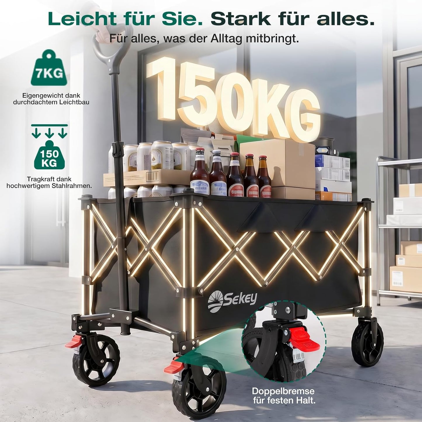 Faltbarer Bollerwagen mit Geländereifen, Schwarz 135L
