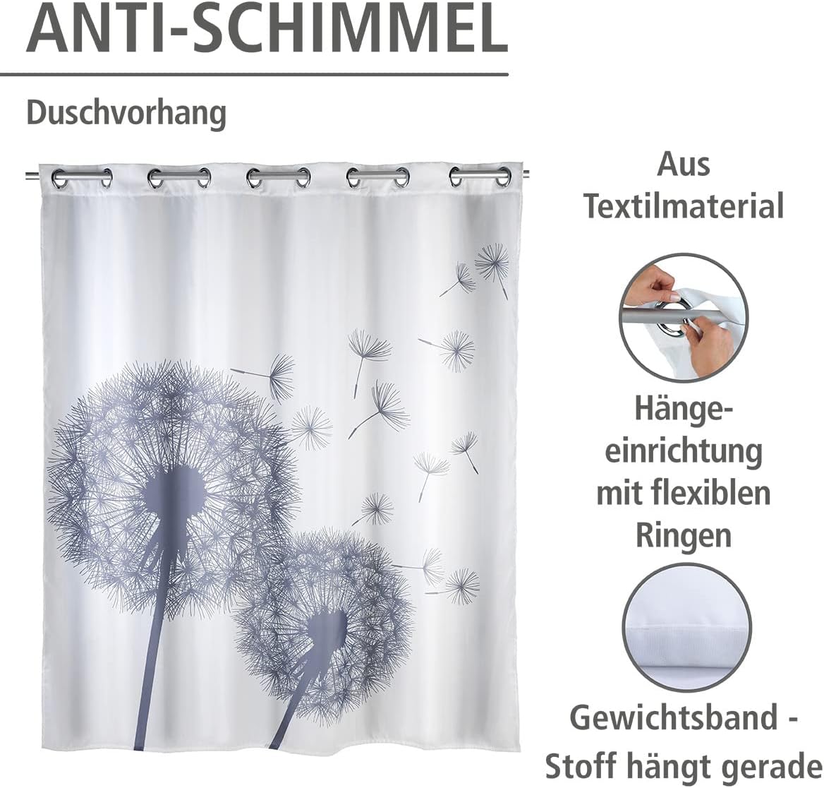 Anti-Schimmel Duschvorhang Astera mit Flex-Ringen, Astera
