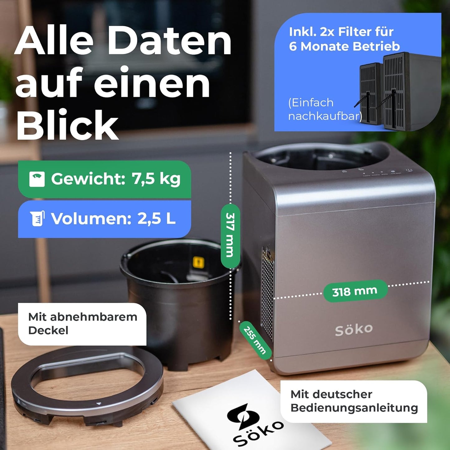 Elektrischer Schnellkomposter mit Aktivkohle-Filtern, Grau Mit Fensterdeckel