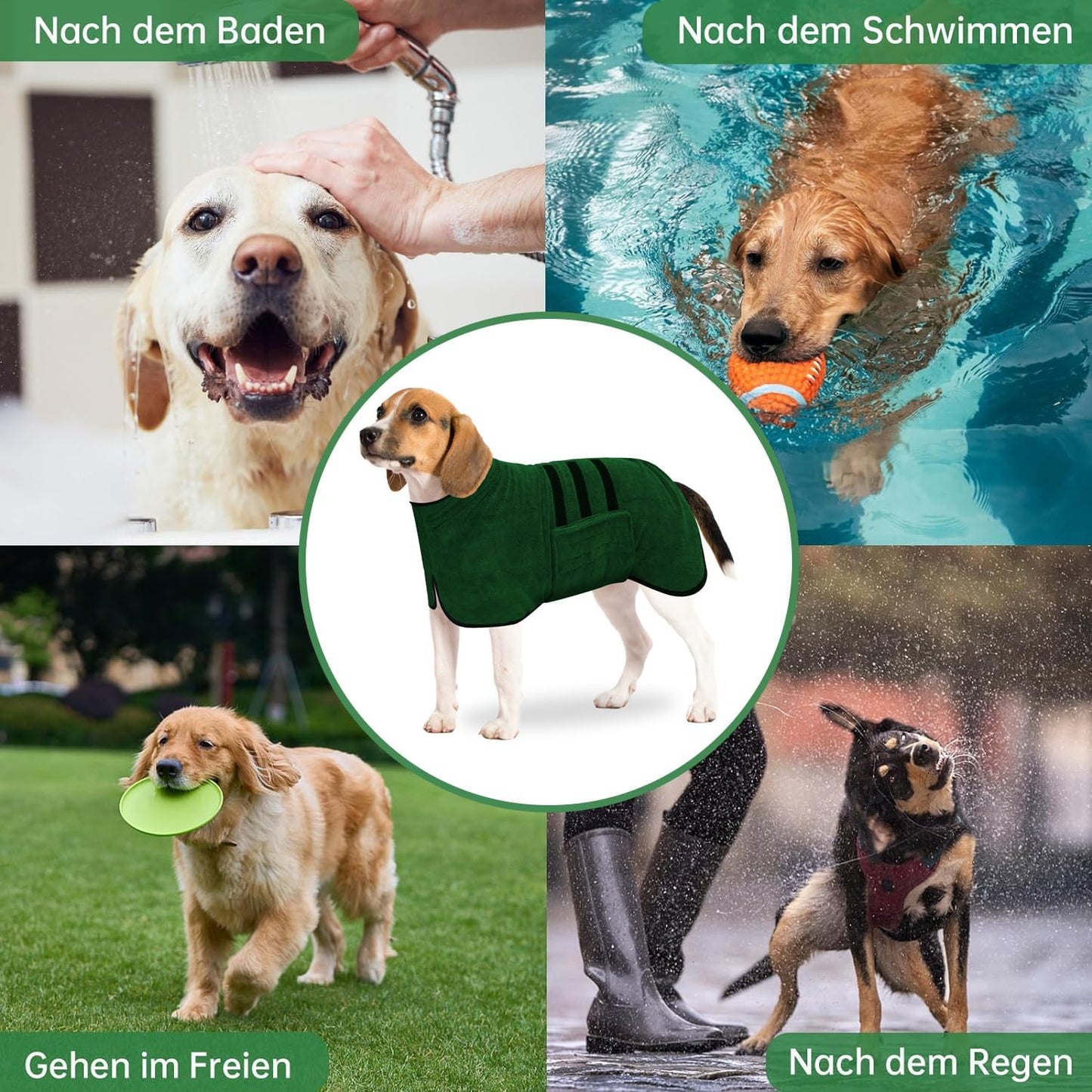Mikrofaser Hundebademantel, extra saugfähig und schnelltrocknend, M Grün